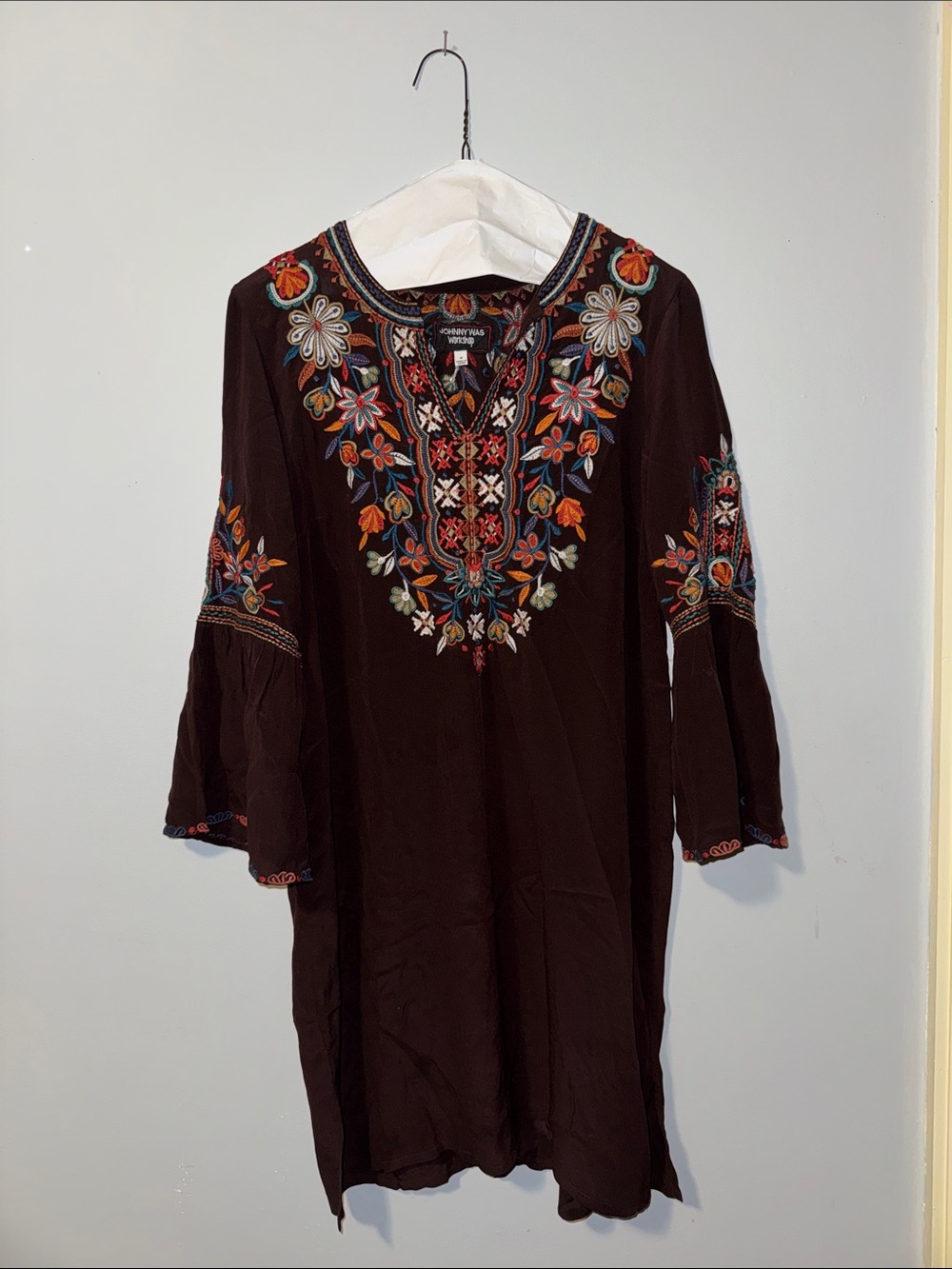 Johnny Was Brown Embroidered Boho Tunic Dress with Multi-Color Floral Accents
